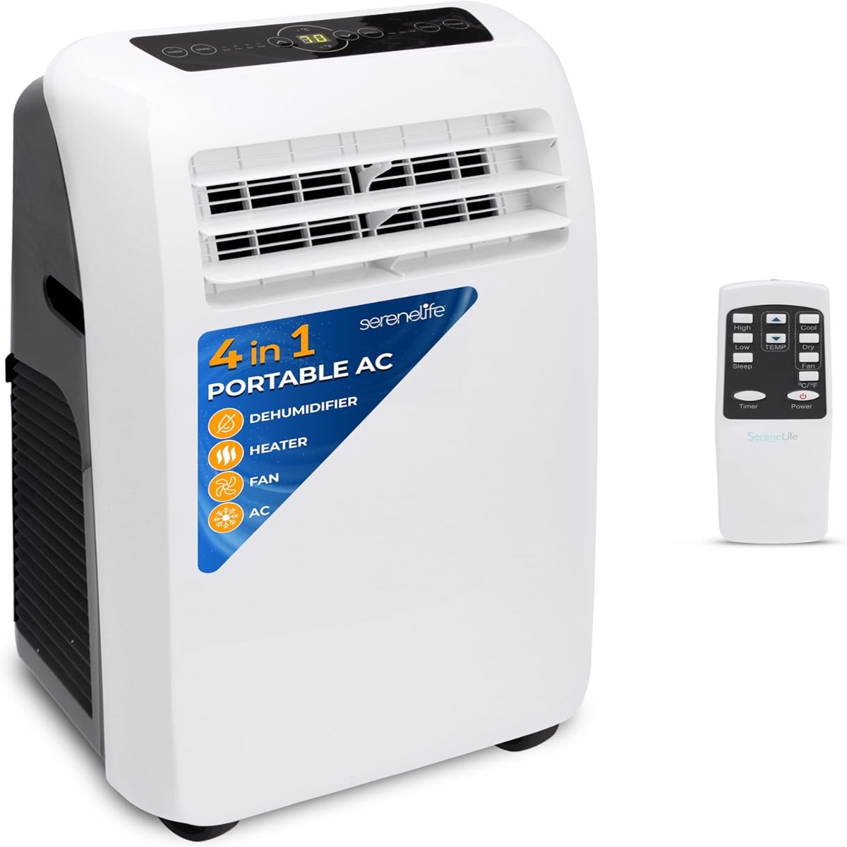 SereneLife Aire Acondicionado Portátil 10000 BTU con Calefacción y Deshumidificador para Espacios de hasta 42m2, Control Remoto y Kit de Montaje