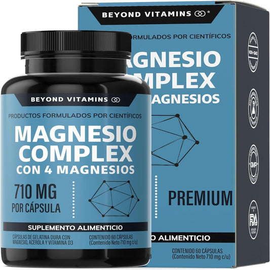 Beyond Vitamins | Magnesio Complex | CON 4 MAGNESIOS: Citrato, Glicinato, Gluconato y Óxido de Magnesio| 710 mg Puro por Cápsula | Suplemento Alimenticio Sin Rellenos-60 cápsulas